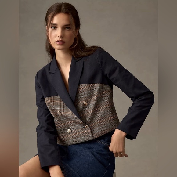 Jason Wu Jackets & Blazers - Jason Wu Navy Linen & Plaid Mixed Media Double Breasted Cropped Blazer L